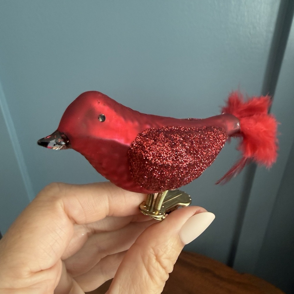 Vintage Glass Clip On Bird Ornaments 4 Cardinal Feather Tail Glitter German F/W - Picture 9 of 11
